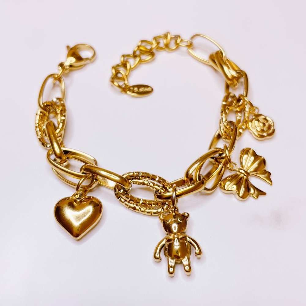 Gold Charm Bracelet with Heart, Bear, and Bow